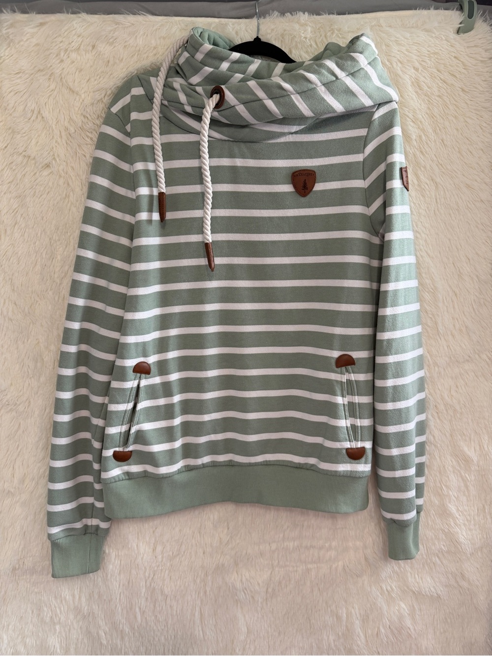 Wanakome Womens Striped Pullover Hoodie Size L Green White Outdoors Gorpcore